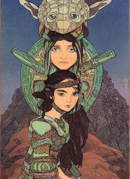 Image similar to portrait of a little warrior girl character sitting on top of a giant armored turtle in the desert, epic character with dark skin and beautiful green eyes. the girl has a very beautiful detailed symmetrical face, long black hair. the turtle has a big wise face and closed eyes, diffuse night light, dramatic landscape, fantasy illustration by mucha