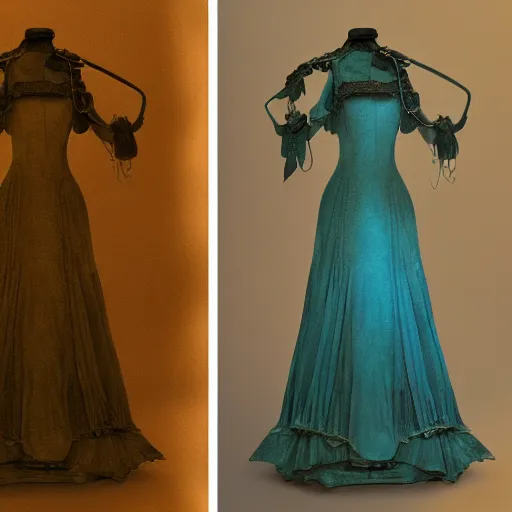 Image similar to victorian era turquoise dress on a manikin, trafalgar dress shop, ambient lighting, cinematic quality, high octane, vray render, subsurface scatter, drum scanner intricate complexity, golden ratio, kojima, amano, charlie bowater museum piece, fine art