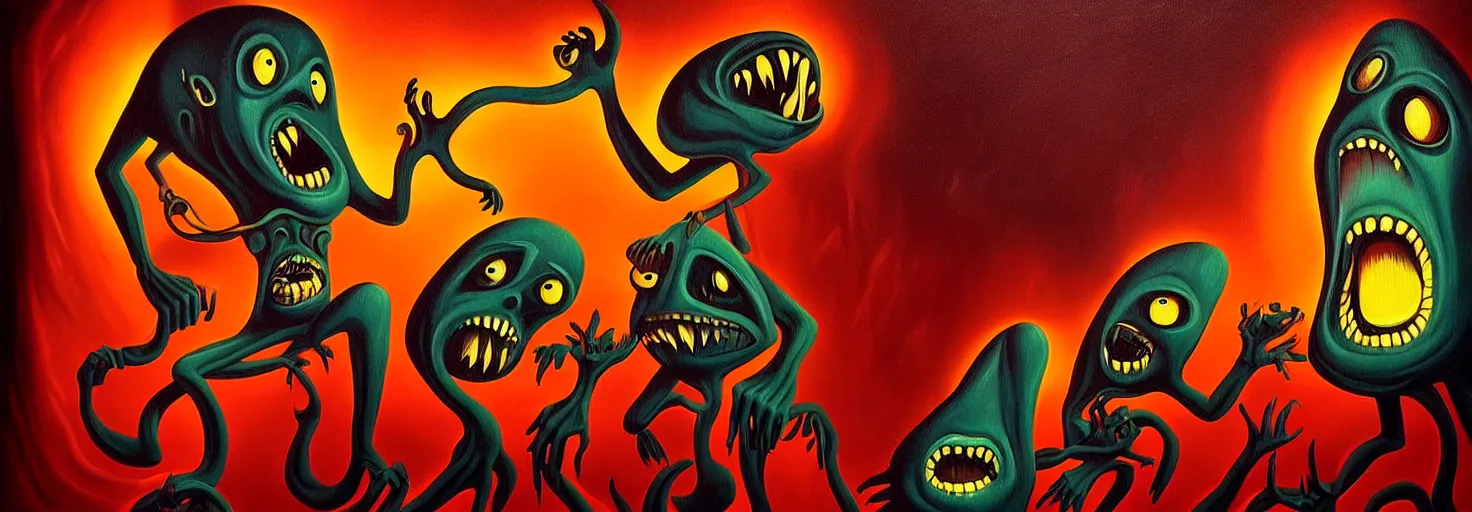 Image similar to visceral freaky monsters from the darkest depths of collective unconscious, dramatic glowing lighting, 1 9 3 0 s fleischer cartoon characters, wild emotional expressions - surreal painting by ronny khalil