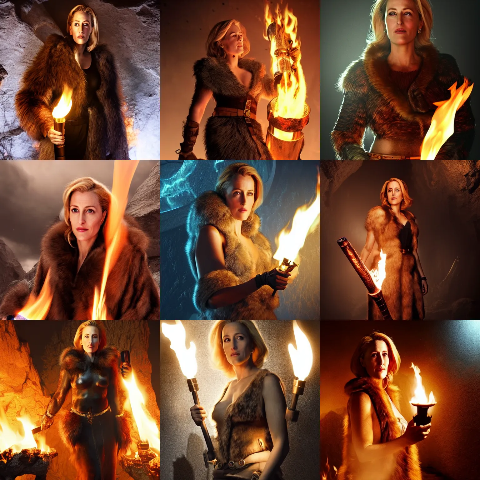 Prompt: Gillian Anderson wearing a fur barbarian tunic holding a glowing fire torch. In a dark cave. Trending on Artstation octane render ultra detailed art by Ross Tan