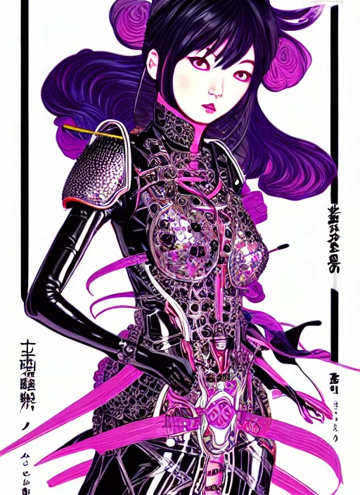 Image similar to genshin impact highly detailed terada katsuya artgerm artstation minaba hideo manga poster of princess mechine, long hair, armor, dress, laces, ruffles, 8 k, fluorescent, maximalist, jump comics, tomer hanuka,