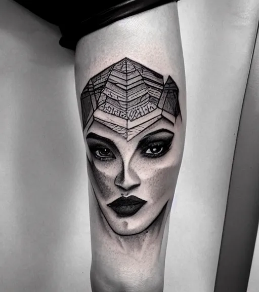 Image similar to amazing blend effect of beautiful mountain scenery with a beautiful woman face, tattoo design sketch, hyper - realistic, in the style of matteo pasqualin, amazing detail, black and white