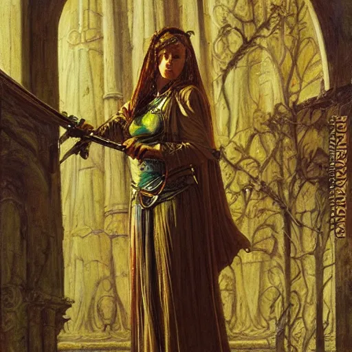 Image similar to priestess holding a sword, by donato giancola and berthold woltze.