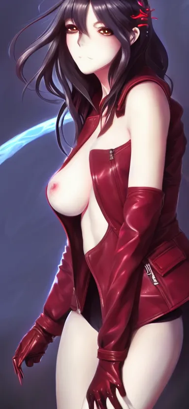 Image similar to an anime art of beautiful curvy girl with white girl and watery red eyes, leather jacket, anatomically correct, symmetrical facial features, symmetrical proportions, highly detailed, digital painting, artstation, concept art, oc commission, illustration, league of legends, style by jordan grimmer and greg rutkowski