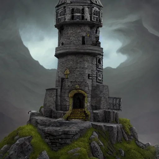 Prompt: A wizard's tower in a stormy mountain, symmetrical, intense, details, award winning, trending on ArtStation, no blur, volumetric lighting, dynamic scene, by Francisco Vaquero and Andrew Bosley