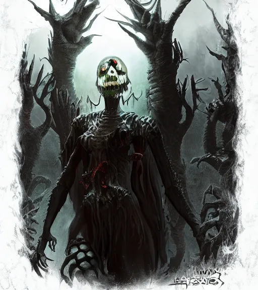 Image similar to gothic necrolord female with zombie servents, digital painting, liminal eerie midnight backlit, a picture taken by Michael Komarck and Daniel Ljunggren