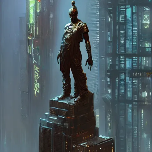 Prompt: a bronze statue stands as the centerpiece of cyberpunk new york city, fantasy, intricate, elegant, digital painting, trending on artstation, concept art, sharp focus, illustration by greg rutkowski, Gaston Bussiere and artgerm, 4k.