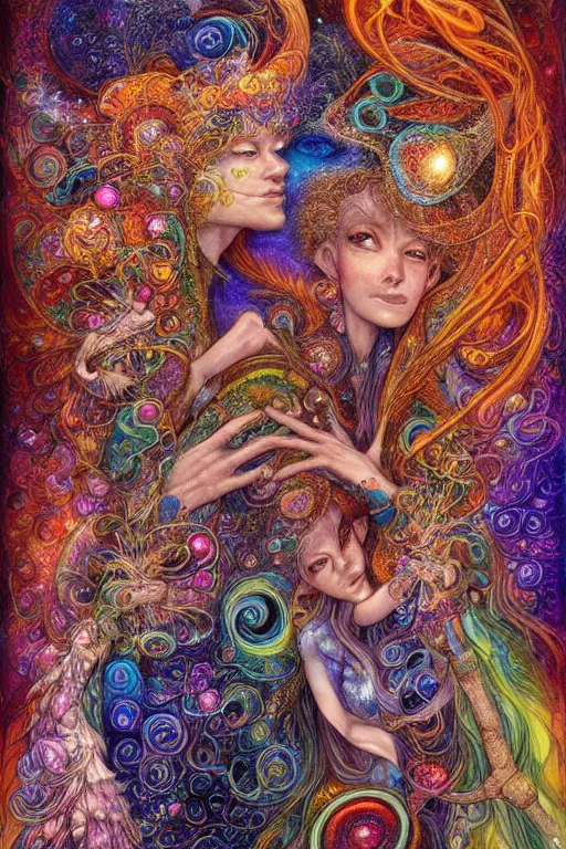 Image similar to two psychedelic shamans intertwined in a cosmic entanglement by Josephine Wall and Daniel Merriam, Artstation