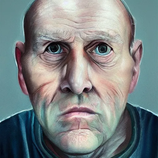 Prompt: portret of old balding man with fish like facial features, eerie lighting, detailed painting in style of Kim Myatt