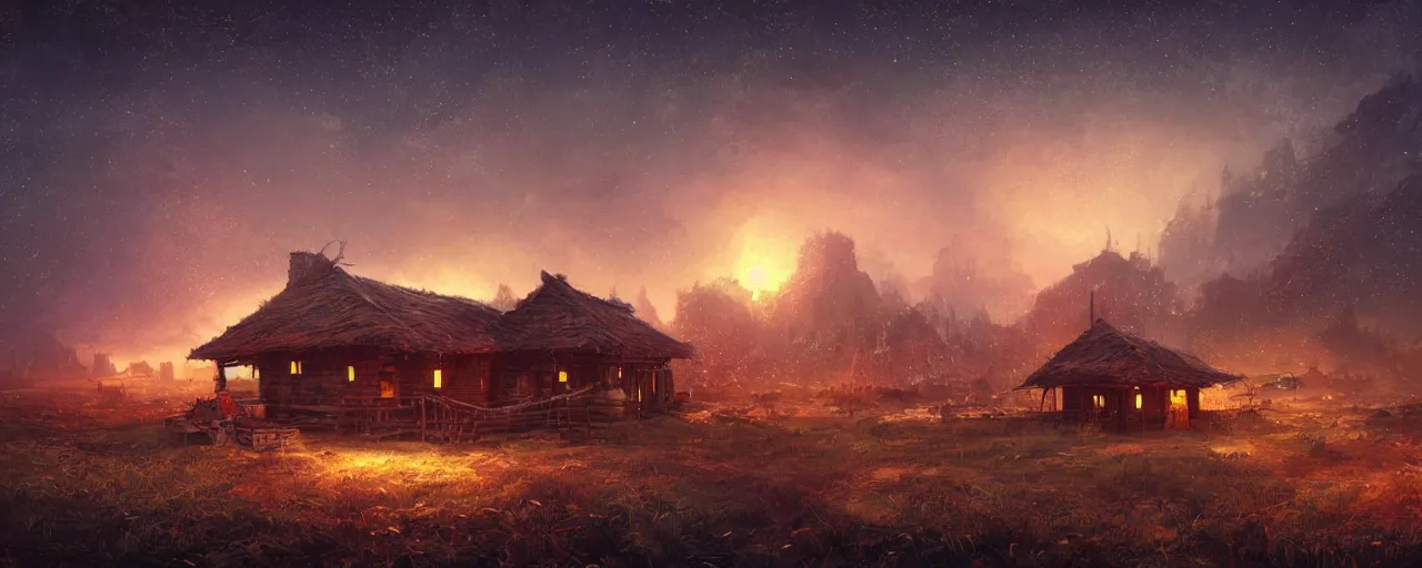 Image similar to ” otherwordly landscape with a single wooden shack at night, [ cinematic, detailed, epic, widescreen, opening, establishing, mattepainting, photorealistic, realistic textures, octane render, art by wlop and paul lehr ] ”