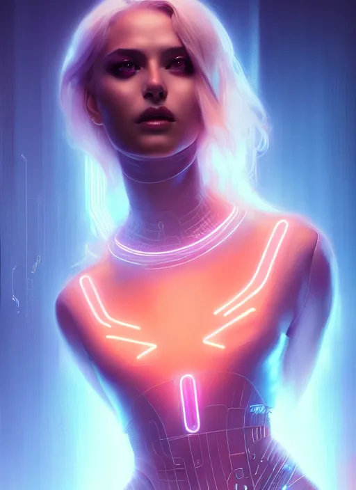 Image similar to portrait of futuristic female humanoid, intricate, elegant, cyber neon lights, highly detailed, digital photography, artstation, glamor pose, concept art, smooth, sharp focus, art by artgerm and greg rutkowski