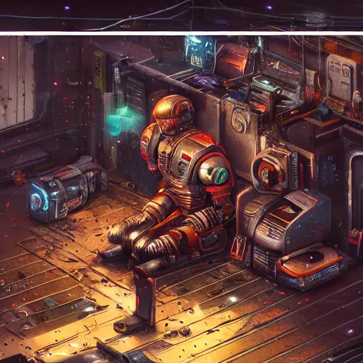 Prompt: (a cyborg) sits alone in a shed reassembling and upgrading itself from spare parts, shafts of light catch the dust in the air, tools are strewn across the floor, still frame from Blade Runner 40k Neon Reboot