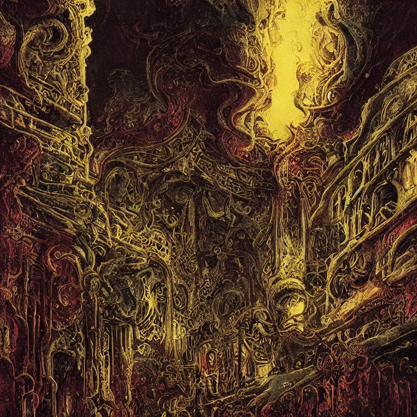 Prompt: dark baroque neoclassicist halls decorated with art and filigree with sci - fi colorful alien organic textures. close - up view, detailed iridescent textures. glowing fog, dark black background. highly detailed fantasy science fiction painting by moebius, norman rockwell, frank frazetta, and syd mead. rich colors, high contrast