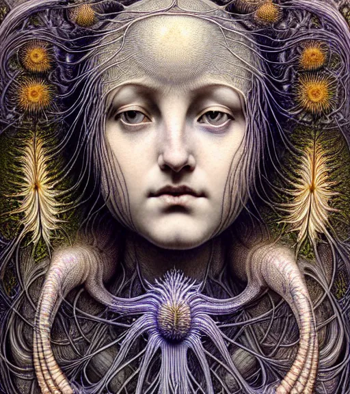 Image similar to detailed realistic beautiful thistle goddess face portrait by jean delville, gustave dore, iris van herpen and marco mazzoni, art forms of nature by ernst haeckel, art nouveau, symbolist, visionary, gothic, neo - gothic, pre - raphaelite, fractal lace, intricate alien botanicals, biodiversity, surreality, hyperdetailed ultrasharp octane render