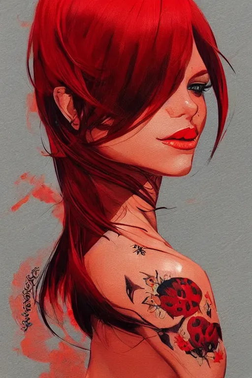 Prompt: a ultradetailed beautiful painting of a stylish female businesswoman, red tattoos, by conrad roset, red and black, greg rutkowski and makoto shinkai trending on artstation