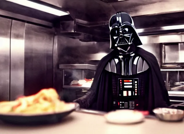 Prompt: film still of Darth Vader working as a short order cook in a diner in the new Star Wars movie, 4k