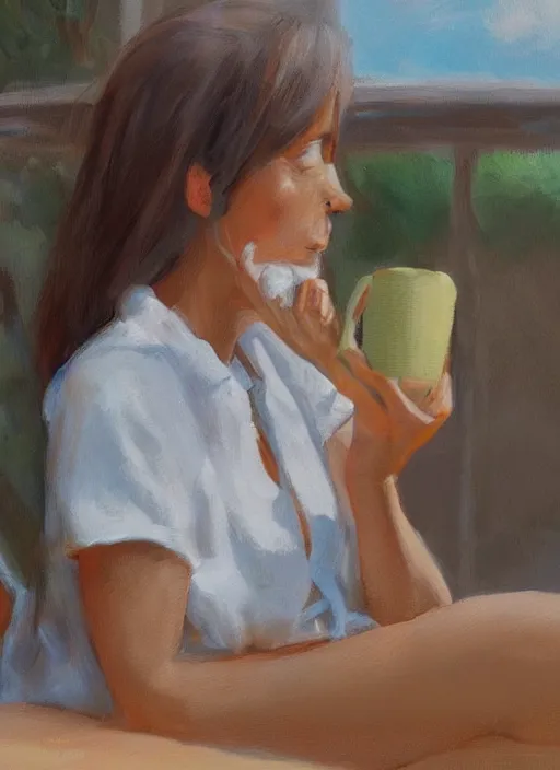 Image similar to woman sitting on the terrace in the morning sun eating porridge, photorealistic, artstation