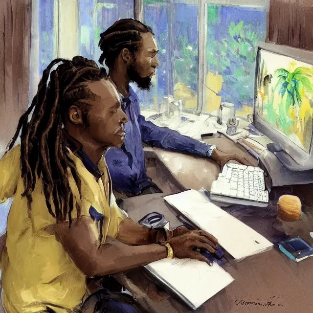 Image similar to a jamaican male with medium length locs, holding a sony camera, sitting at a computer desk, portrait, elegant, intricate, digital painting, artstation, concept art, smooth, sharp focus, illustration, art by konstantin korovin and daniel f. gerhartz and john howe