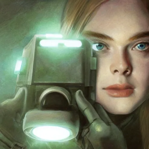 Image similar to ultra realistic portrait painting of elle fanning in splinter cell wearing night vision goggles, art by frank frazetta, 4 k, ultra realistic, highly detailed, epic lighting