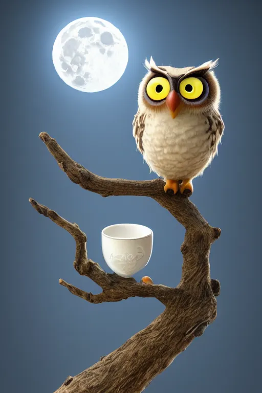 Prompt: portrait of tree branch with a fluffy owl on top of a white teacup with full moon in background, full body. pixar disney 4 k 3 d render funny animation movie oscar winning trending on artstation and behance, ratatouille style