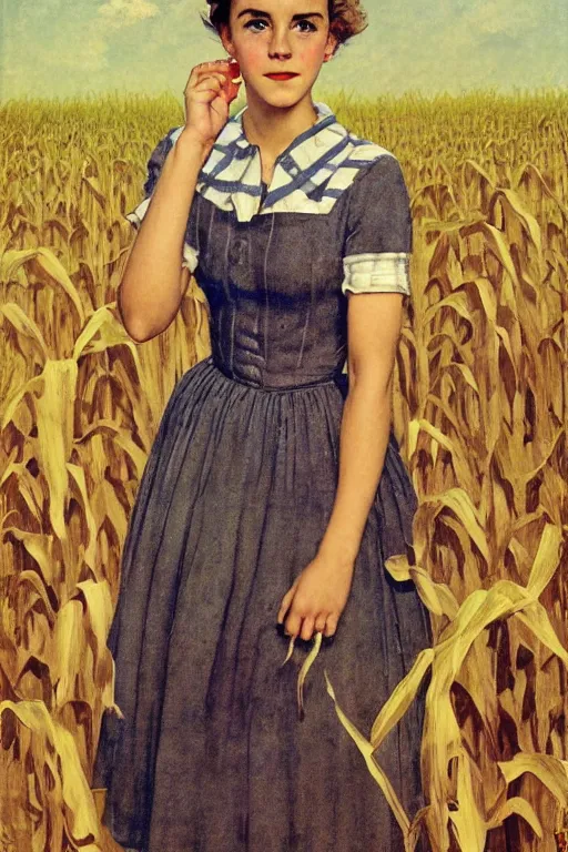 Image similar to Emma Watson in a corn field 1950s portrait by Norman Rockwell