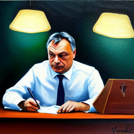 Image similar to viktor orban doing his taxes in a cubicle, oil painting