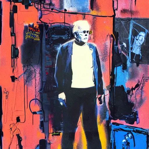 Image similar to Joe Biden full body portrait, Techwear, Cyberpunk, painting by Ralph Steadman, Francis Bacon, Hunter S Thompson