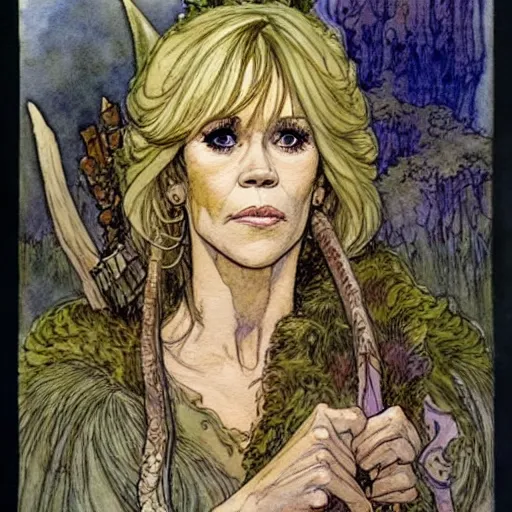 Image similar to a realistic and atmospheric watercolour fantasy character concept art portrait of jane fonda in her 2 0 s as a druidic warrior wizard looking at the camera with an intelligent gaze by rebecca guay, michael kaluta, charles vess and jean moebius giraud