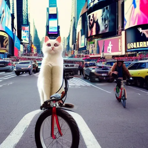 Image similar to a photorealistic, 4 k, photoshoot of a cat riding a bicycle though times square