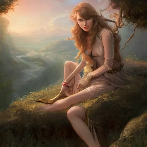 Image similar to alluring illustration taylor swift, sitting on the edge of a cliff overlooking a forested valley, clothed in a chesty fantasy outfit, portrait, 8k resolution matte fantasy painting, cinematic lighting, DeviantArt, Artstation, Jason Felix Steve Argyle Tyler Jacobson Peter Mohrbacher