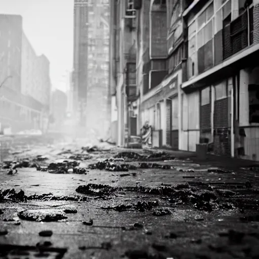 Image similar to mysterious black slime, black gooey liquid covering city buildings, buildings covered in black liquid rubber, apocalyptic, ruined, 8 5 mm f / 1. 4