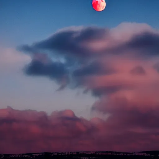 Prompt: crimson moon behind clouds