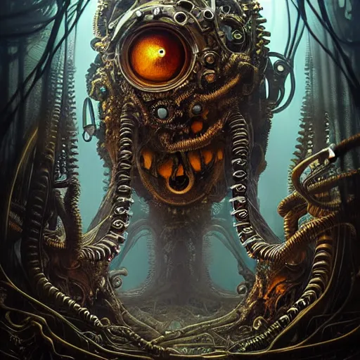 Prompt: biomechanical steampunk creature with robotic parts and big octopus head and (glowing) eyes guarding an ancient lush cave in a mystic forest, gothic and baroque, brutalist architecture, ultradetailed, creepy ambiance, fog, artgerm, giger, Intricate by Ellen Jewett and Josan Gonzalez and Giuseppe Arcimboldo