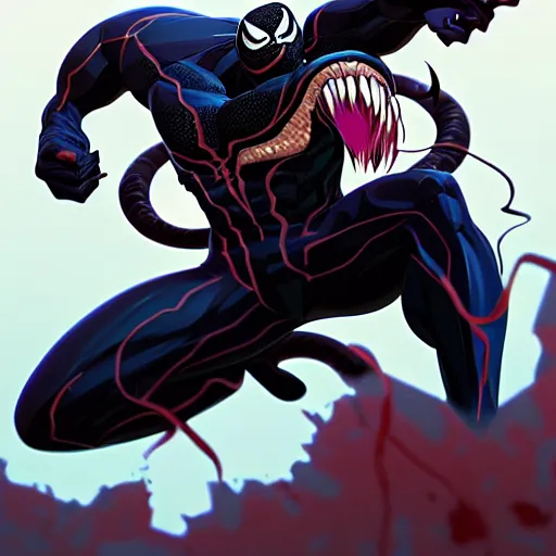 Image similar to we are venom, marvel supervillain, artstation, cartoon, elegant, highly detailed, digital painting, concept art, smooth, sharp focus, illustration, art by ghibli, makoto shinkai, don bluth, fujita goro, jean giraud, atey ghailan, akihiko yoshida, tom whalen, fadeev 8 k