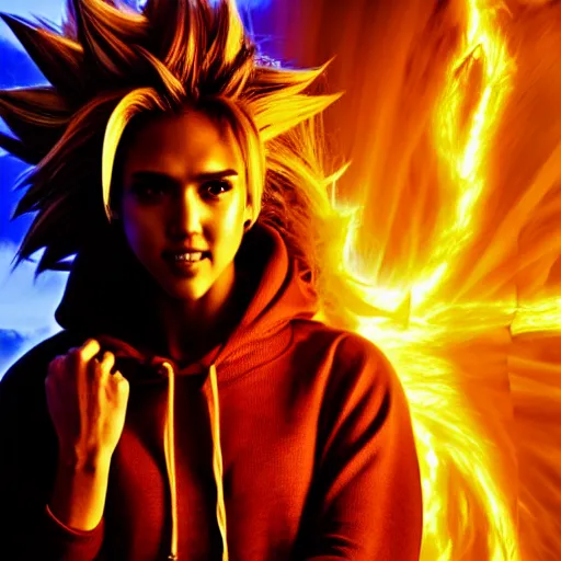 Prompt: face photo of jessica alba as super saiyan as goku powering up wearing hoodie electric energy dramatic lighting by annie leibovitz