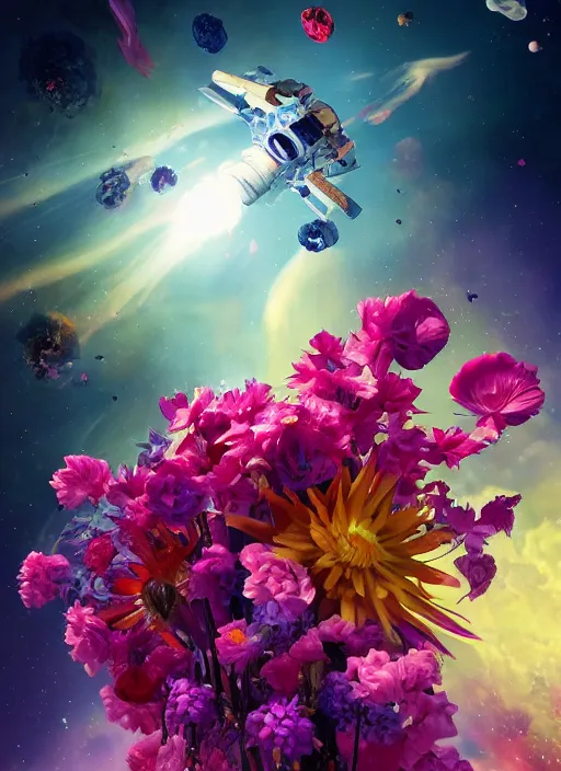 Image similar to An epic fantastic realism comic book style painting of the most beautiful flowers launched into space, bouquets, glorious galactic collision, sharp focus, fisheye, unreal 5, DAZ, hyperrealistic, octane render, dynamic lighting