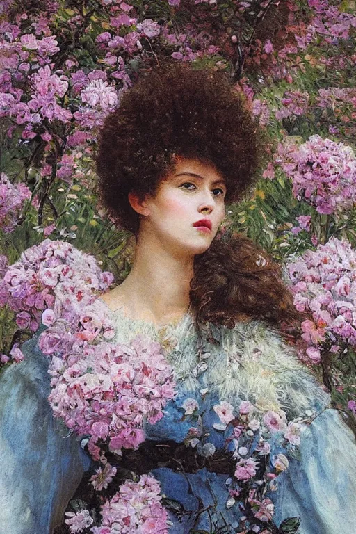 Image similar to close - up fashion afro woman portrait airy flowers cloudy sky art by vasnetsov