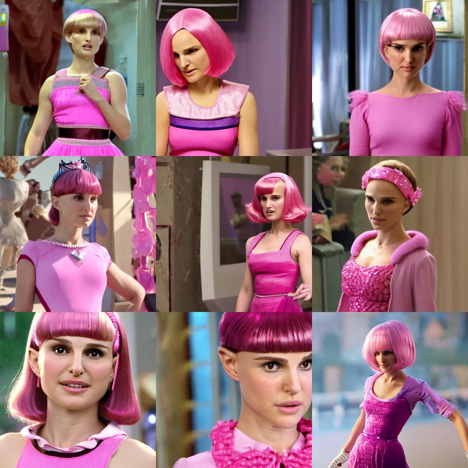 Prompt: natalie portman as stephanie, the girl in lazytown, tv still, photo, pink bobcut wig, pink dress, hairband