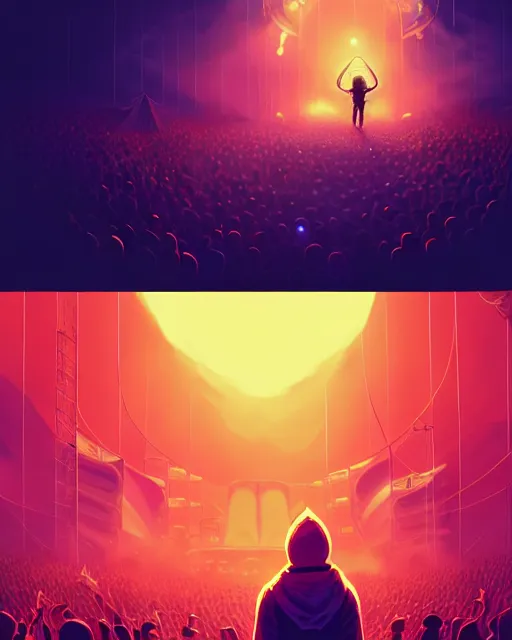 Prompt: tomorrowland, hyper - realistic portrait of a man in a hoodie, in the center of a stage of a music festival, intricate, 4 k, by atey ghailan, by greg rutkowski, by greg tocchini, by james gilleard, by joe fenton, by kaethe butcher, dynamic lighting, lighting color scheme, sharp focus, grunge aesthetic