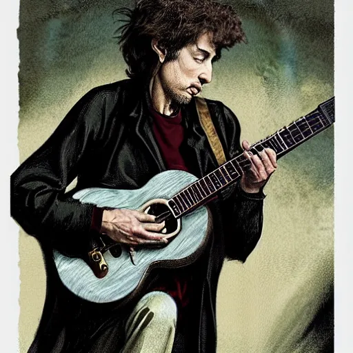 Image similar to character portrait of a rugged bob dylan playing his guitar in the fullham. f. c stadium, gothic, john singer sargent, muted colors, moody colors, illustration, digital illustration, amazing values, art by j. c. leyendecker, joseph christian leyendecker, william - adolphe bouguerea, graphic style, dramatic lighting, gothic lighting