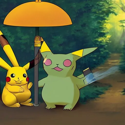 Prompt: in a forest, a cat is slumped on a chair smoking a cigar, pikachu is standing next to him taking shelter with a green umbrella