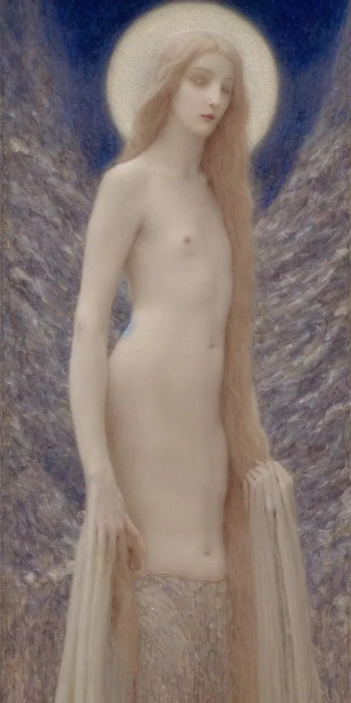 Prompt: Say who is this with silver hair so pale and Wan and thin? Majestic feminine gothic angel in the style of Jean Delville, Lucien Lévy-Dhurmer, Fernand Keller, Fernand Khnopff, oil on canvas, 1896, 4K resolution, aesthetic, mystery