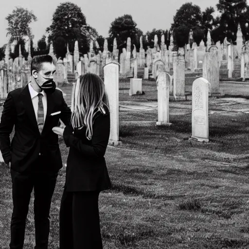 Prompt: A photo of a woman in a black outfit and a man in a black suit talking in a gloomy cemetery