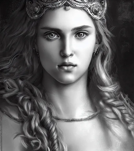 Image similar to beautiful young aphrodite goddess, archer, realistic face, beautiful piercing eyes, black and white drawing, in the style of greg rutkowski, fantasy, amazing detail, epic, intricate, elegant, smooth, sharp focus