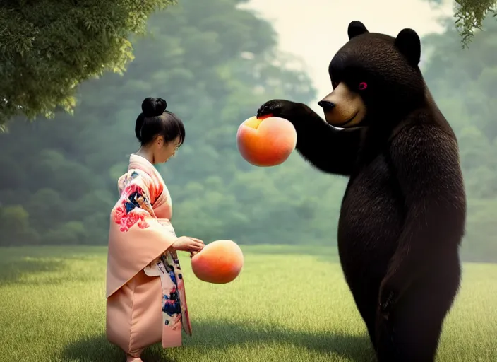 Prompt: a girl wearing a kimono giving a peach to a large anthropomorphic asian black bear, featured in artstation, artgerm, octane render, award winning, cinematic, elegant, intricate, 8 k, in the style of heikala and timothy kong and laia lopez and viorie,