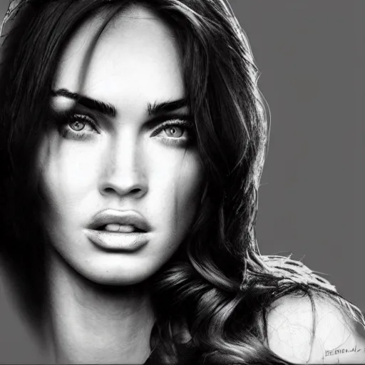 Image similar to double - exposure effect of megan fox face in beautiful mountains, in the style of dan mountford, amazing detail, black and white