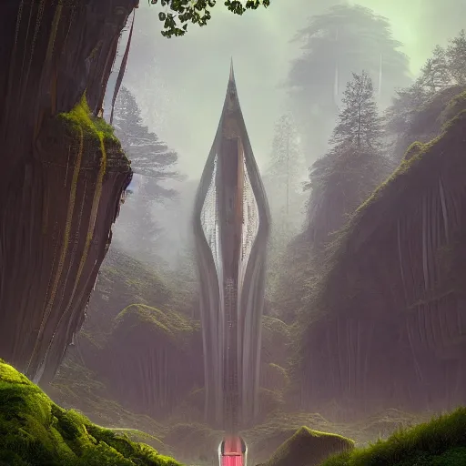 Image similar to futuristic temple between green hills with big trees, monks, shooting stars, dramatic lighting, artstation, matte painting, raphael lacoste, simon stalenhag, frank lloyd wright