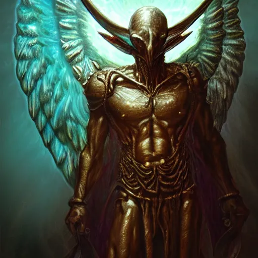 Image similar to photorealistic biblically accurate demonic alien archangel the style of michael whelan and gustave dore. hyperdetailed photorealism, 1 0 8 megapixels, amazing depth, glowing rich colors, powerful imagery, psychedelic overtones, 3 d finalrender, 3 d shading, cinematic lighting, artstation concept art