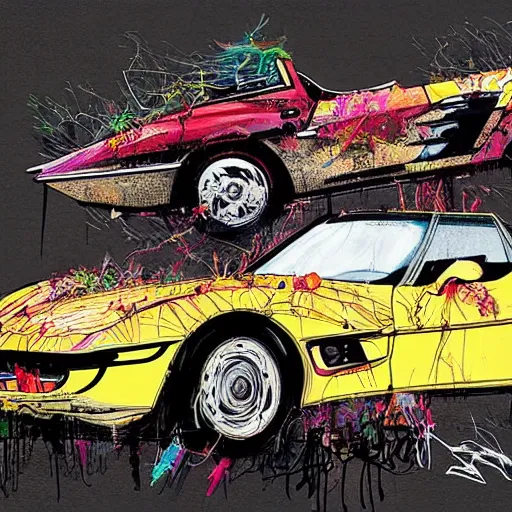 Prompt: pop art corvette car concept art by ralph steadman and bill sienkiewicz and carne griffiths