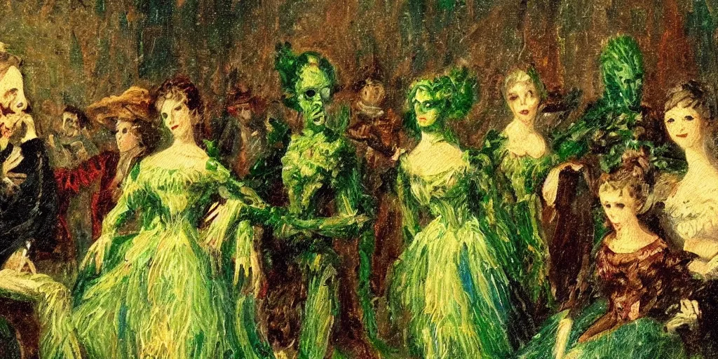 Prompt: tall terrifying green futuristic aliens sitting in a circle. in the victorian era. in the style of an impressionist painting.